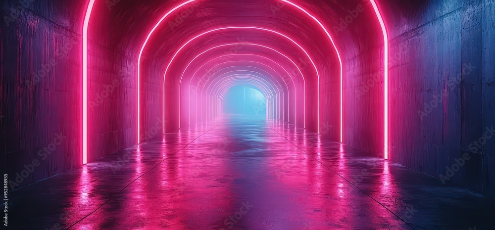Abstract empty corridor with neon lights, a cyberpunk-style background for design and banner. Abstract empty corridor with neon lights, a cyberpunk-style background for design and banner.
