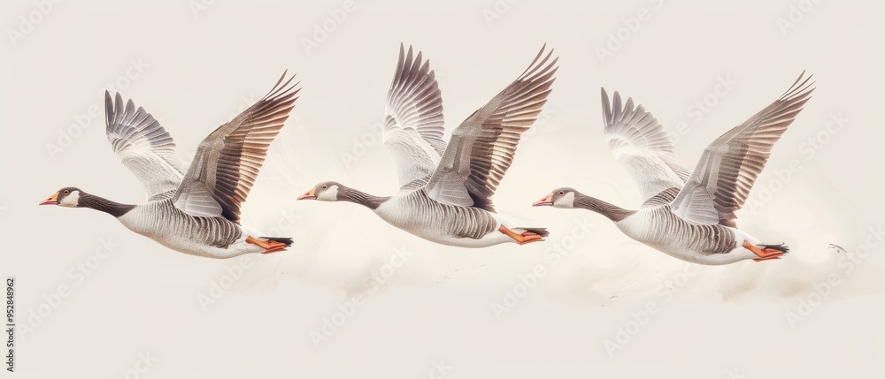 Fototapeta premium Two vector-style geese in flight with outstretched wings, set against a plain white background.