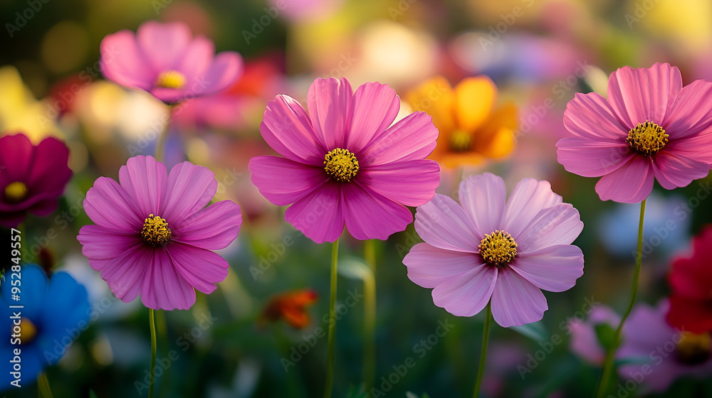 Vibrant cosmos flowers blooming in a garden during late spring, showcasing a variety of colors and delicate petals Vibrant cosmos flowers blooming in a garden during late spring, showcasing a variety of colors and delicate petals