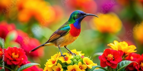 Colorful of a flowers sunbird perched on vibrant flowers in a garden, flowers, sunbird, art,colorful, nature, garden, bird