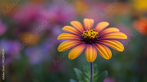 A close-up view of a vibrant orange and purple flower standing tall in a colorful garden during springtime