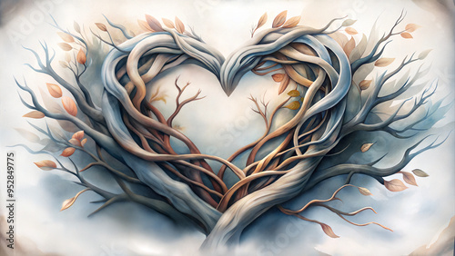 Artistic heart-shaped tree branches arrangement with autumn leaves and copy space
