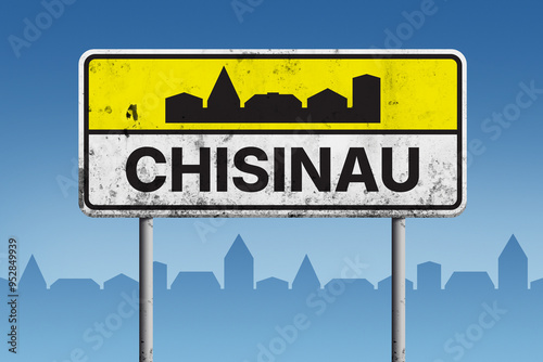 Vintage road sign of Chisinau with black urban skyline silhouette, representing city entrance and a popular travel destination in Europe