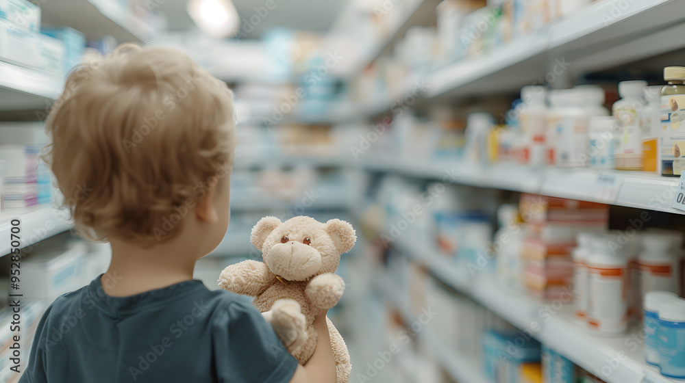 Shy 4-Year-Old Boy Holding Teddy in Front of Pharmacy | Innocence and Comfort During a Pediatric Visit Shy 4-Year-Old Boy Holding Teddy in Front of Pharmacy | Innocence and Comfort During a Pediatric Visit