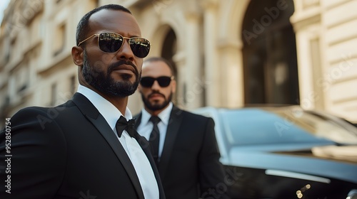 Two men in black suits and sunglasses standing in front of a modern glass building