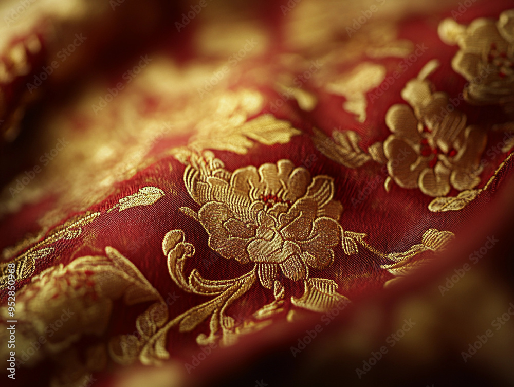 brocade fabric, gold and crimson with elaborate floral patterns brocade fabric, gold and crimson with elaborate floral patterns