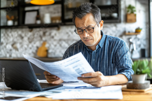 Senior Asian man doing taxes, sitting at table in cozy home, retirement lifestyle, copy space