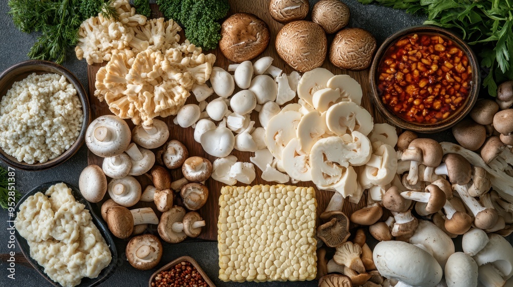 plant-based protein promotions, a striking banner displaying an assortment of mushrooms and tempeh to highlight the versatility of alternative protein choices plant-based protein promotions, a striking banner displaying an assortment of mushrooms and tempeh to highlight the versatility of alternative protein choices