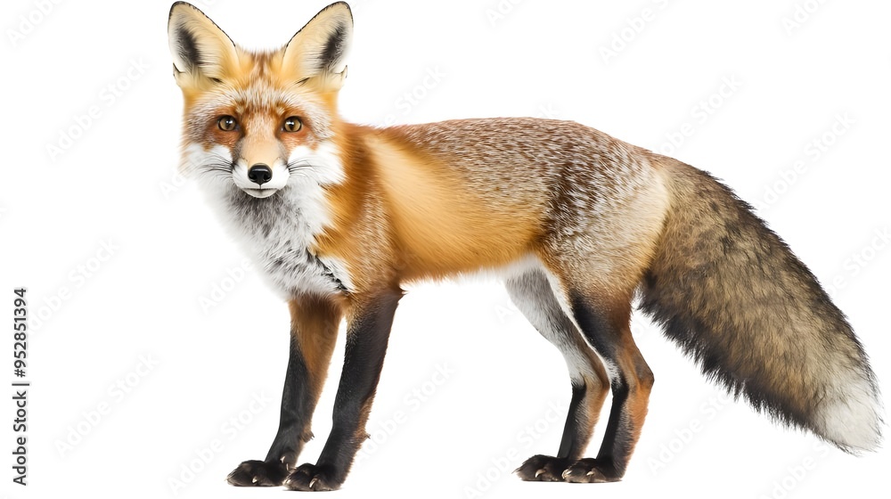 A curious red fox standing alert on a white background, with its bushy tail and sharp features clearly visible. The fox is depicted in a natural, yet striking pose. A curious red fox standing alert on a white background, with its bushy tail and sharp features clearly visible. The fox is depicted in a natural, yet striking pose.