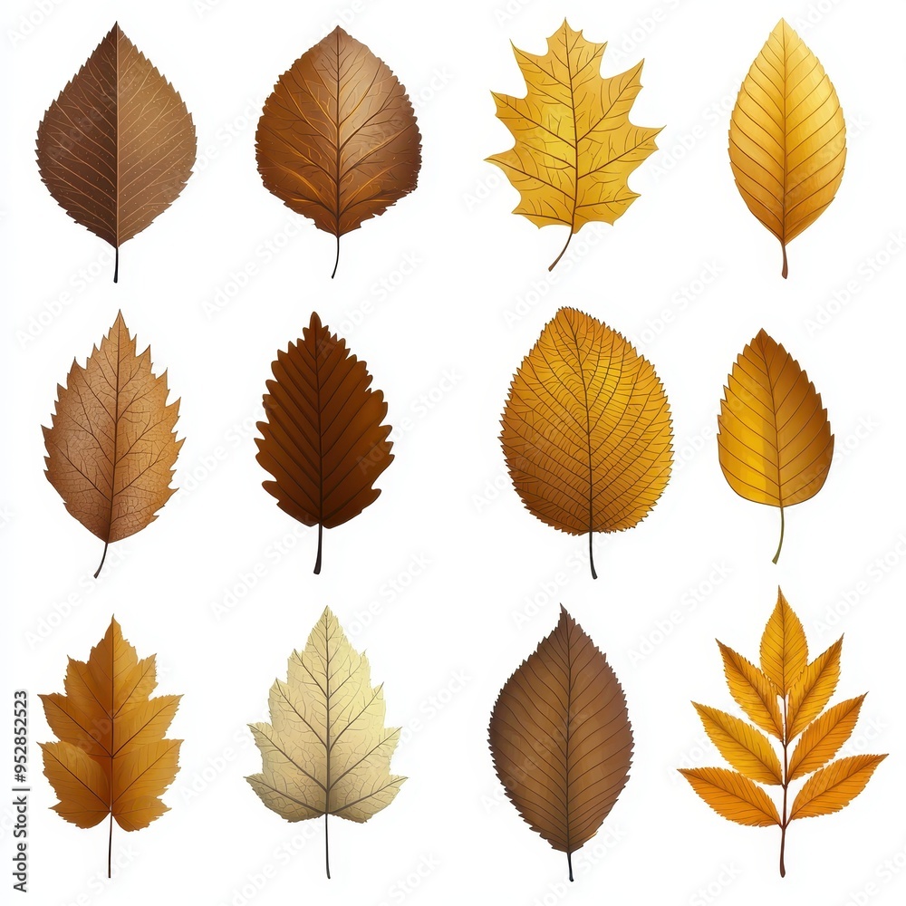 Obraz premium Vibrant Autumn Leaves Collection in Gold and Brown Tones on White Background