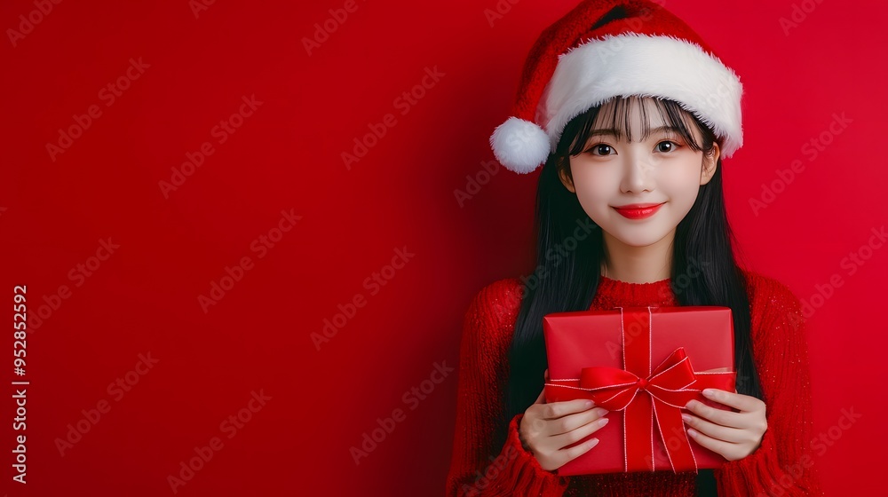 Asian girl in Santa Claus clothes on red background Asian girl in Santa Claus clothes on red background