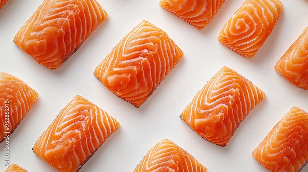 Fresh salmon fillets arranged in a repeating pattern on a white background. Fresh salmon fillets arranged in a repeating pattern on a white background.