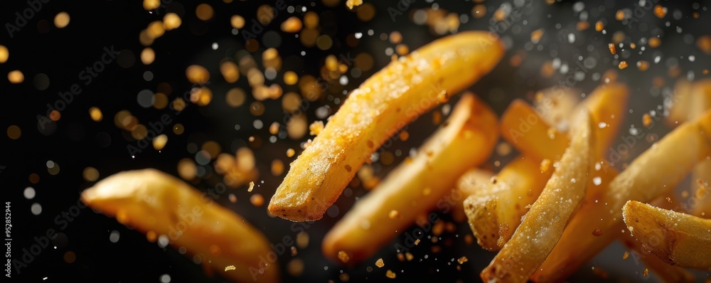 Close-up of crispy french fries with seasoning flying against a dark background, creating a dynamic effect. Close-up of crispy french fries with seasoning flying against a dark background, creating a dynamic effect.