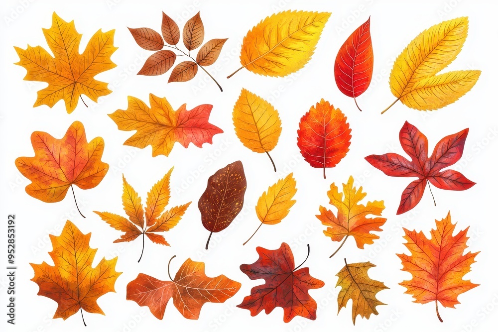 Fototapeta premium Vibrant Autumn Leaves Set on White Background