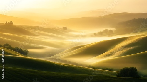 A serene countryside sunrise with rolling hills, mist in the valleys, and a warm golden glow