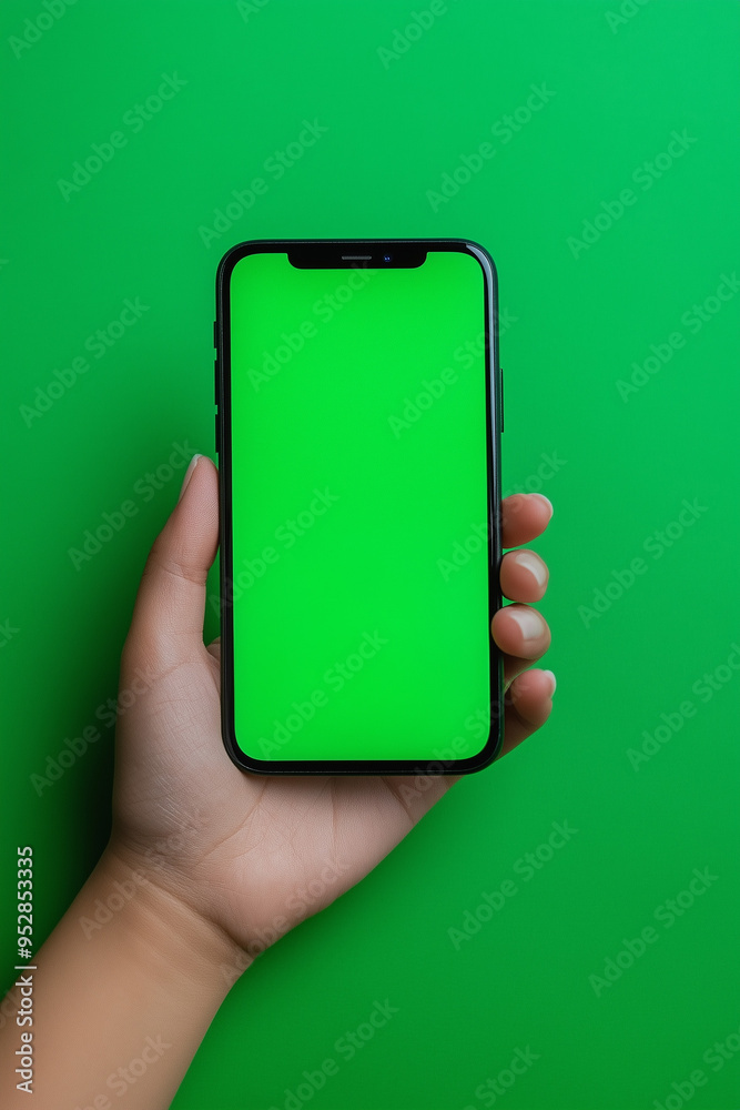 Close-Up Smartphone with Green Screen. Close-up of a hand holding smartphone with green screen on green background. Close-Up Smartphone with Green Screen. Close-up of a hand holding smartphone with green screen on green background.