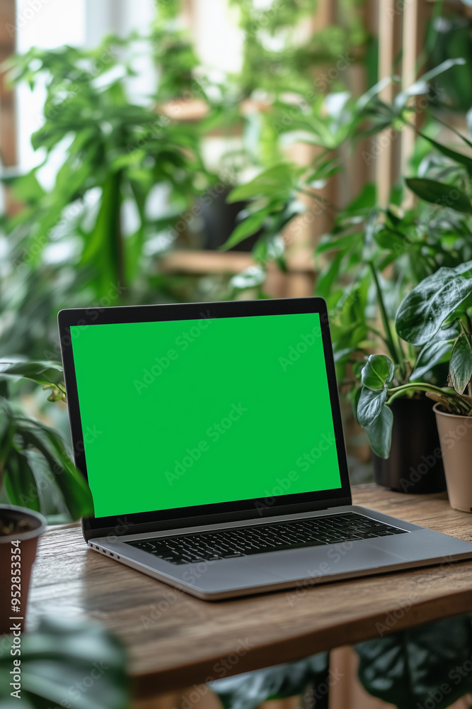 Close-up Laptop with Green Screen Workspace. Laptop with green screen among indoor plants on a wooden table. Close-up Laptop with Green Screen Workspace. Laptop with green screen among indoor plants on a wooden table.