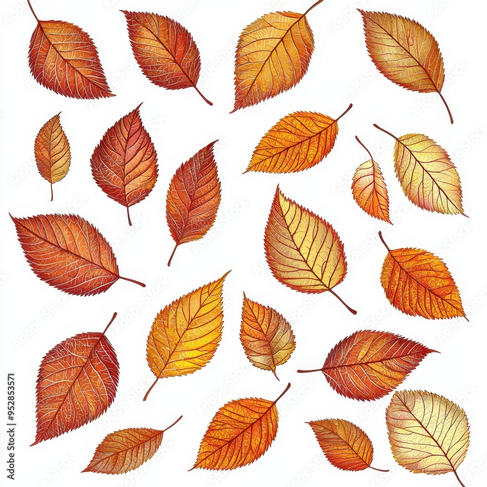 Vibrant Autumn Leaves Design with Intricate Details on White Background