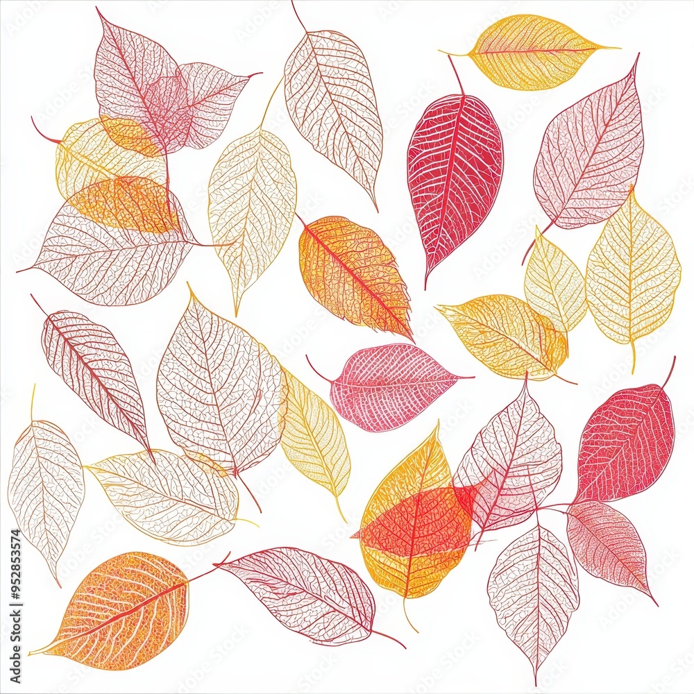 Fototapeta premium Vibrant Autumn Leaves Design on White Background with Intricate Detailing