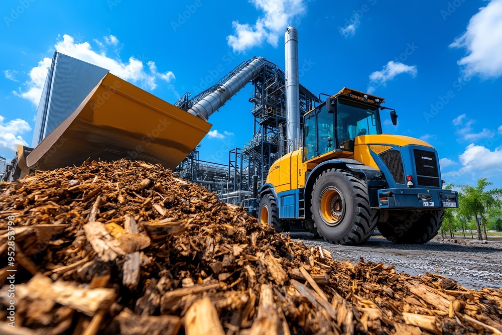 Obraz premium Biomass plant operation is showcased in a realistic photo capturing the daily activities and machinery of a bioenergy facility