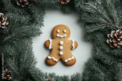 Christmas tree negative space made with evergreen tree branches and gingerbread man. Minimal winter or New Year concept. Flat lay.