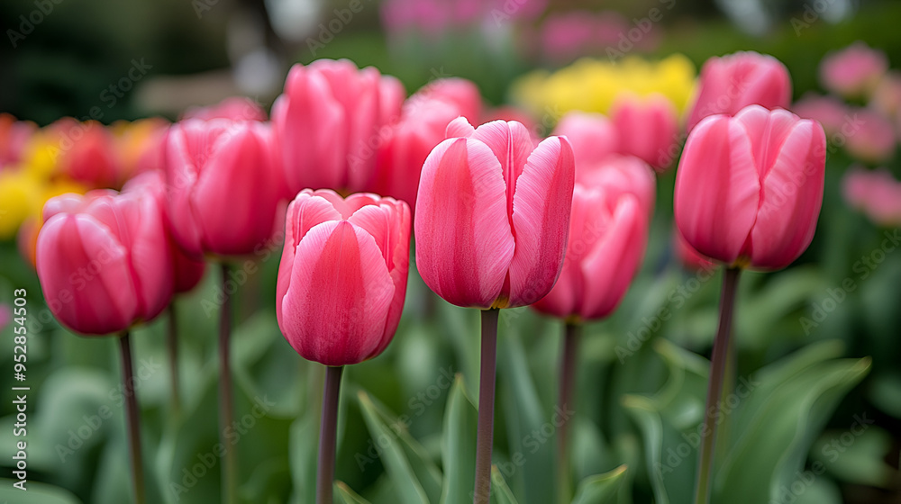 Beautiful pink tulips blooming in a vibrant garden during spring, showcasing nature’s colorful display Beautiful pink tulips blooming in a vibrant garden during spring, showcasing nature’s colorful display