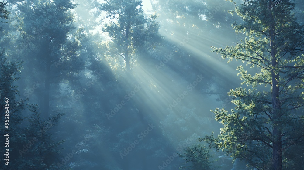 Fototapeta premium A serene foggy morning in a dense pine forest with sunlight filtering through the mist