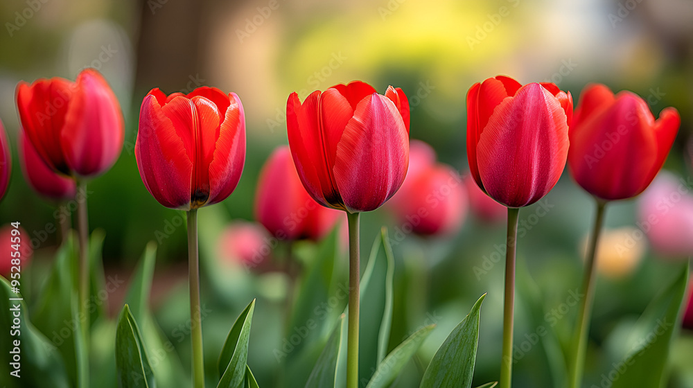 Vibrant red tulips blooming in a lush garden during springtime showcasing nature's beauty and seasonal colors Vibrant red tulips blooming in a lush garden during springtime showcasing nature's beauty and seasonal colors