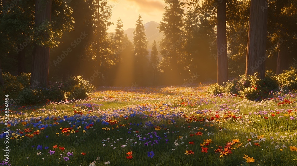 Obraz premium A serene forest clearing with a carpet of wildflowers, tall trees surrounding the area, and a soft, golden light filtering through