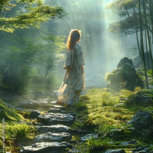 A serene walk through a misty forest with sunlight streaming down in the early morning