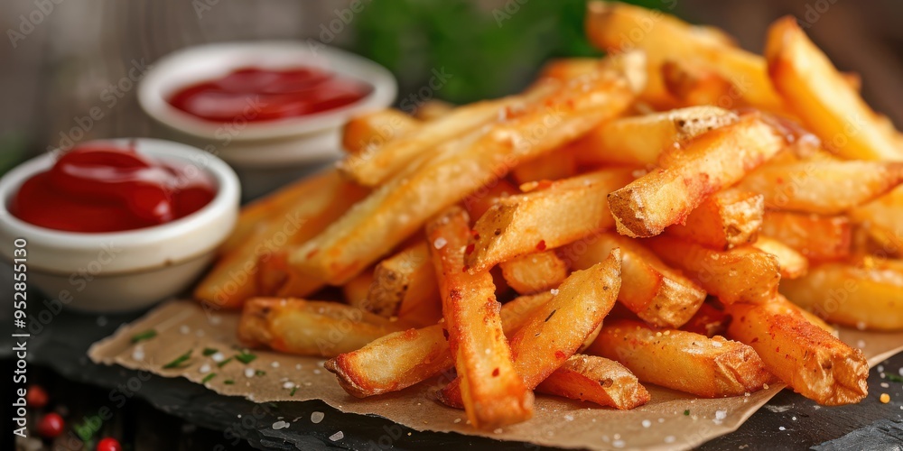 Close-up of crispy french fries with seasoning flying against a dark background, creating a dynamic effect. Close-up of crispy french fries with seasoning flying against a dark background, creating a dynamic effect.