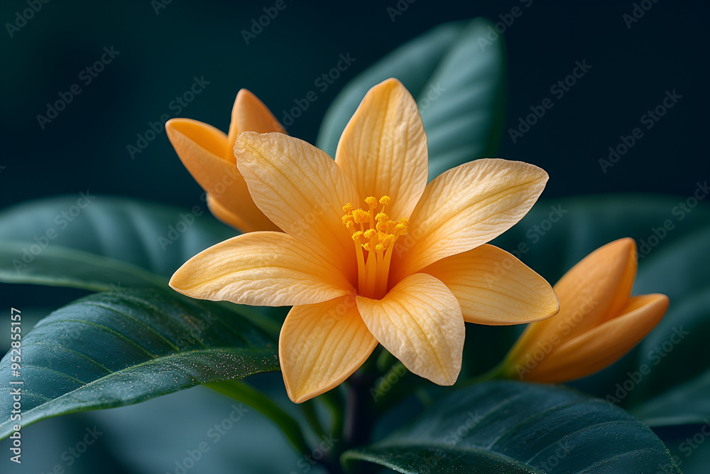 Fototapeta premium A close-up of a vibrant yellow flower blooming among green leaves in a tranquil garden setting during the spring season