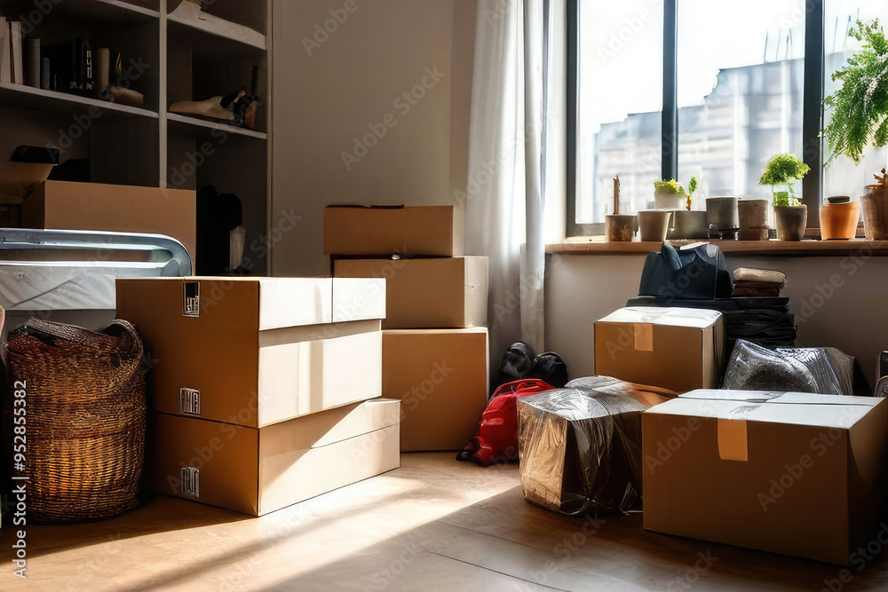 Many cardboard boxes. Relocation process concept. Many cardboard boxes. Relocation process concept.