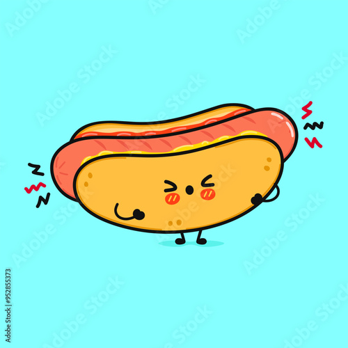 Angry Hot dog character. Vector hand drawn cartoon kawaii character illustration icon. Isolated on blue background. Sad Hot dog character concept