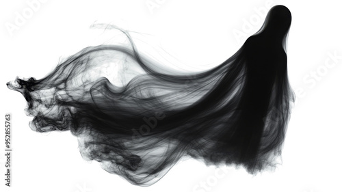 Realistic Halloween ghost shadow PNG. Transparent isolated phantom. Flying spooky dead soul. Black smoke transparent horror monster.
