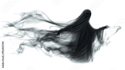 Realistic Halloween ghost shadow PNG. Transparent isolated phantom. Flying spooky dead soul. Black smoke transparent horror monster.