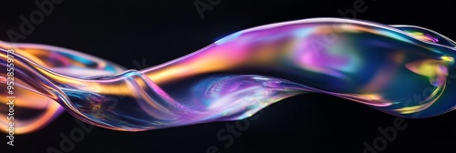 A closeup of a glossy, iridescent liquid form undulating against a stark black background, showcasing its fluidity and vibrant colors in exquisite detail