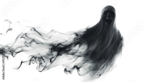 Realistic Halloween ghost shadow PNG. Transparent isolated phantom. Flying spooky dead soul. Black smoke transparent horror monster.