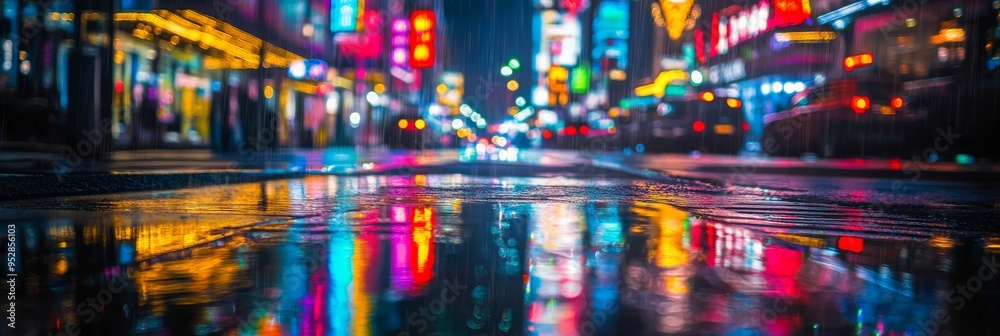 Obraz premium Rain-soaked streets come alive with the glow of neon lights in a bustling city at night. Reflections ripple on the pavement, creating a captivating urban atmosphere