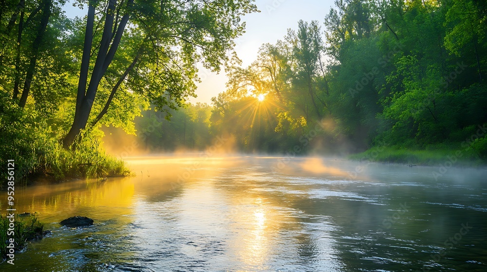 Obraz premium A serene forest river at sunrise, with mist rising from the water, and the warm glow of the morning sun filtering through the trees