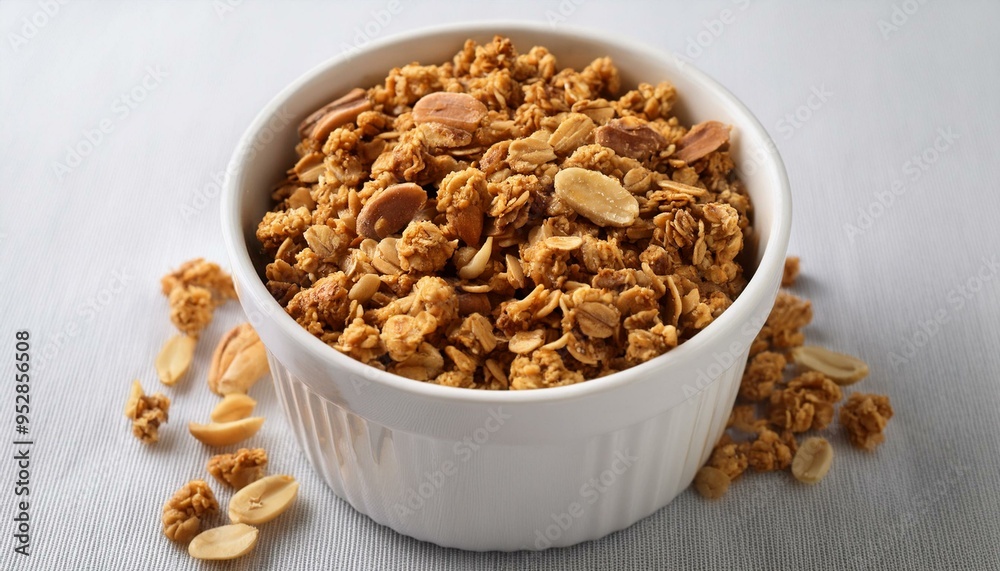 Peanut butter big cluster granola in white ramekin
Peanut butter big cluster granola in white ramekin