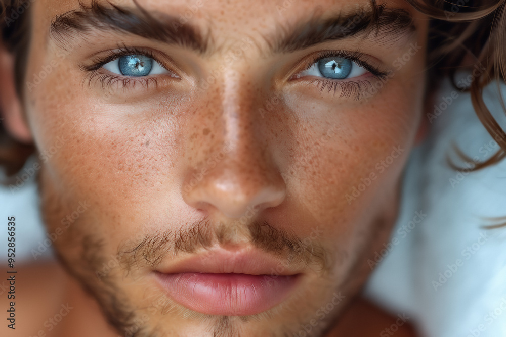 A close-up view of a young man showcasing his clear skin and striking blue eyes while relaxing outdoors on a sunny day A close-up view of a young man showcasing his clear skin and striking blue eyes while relaxing outdoors on a sunny day