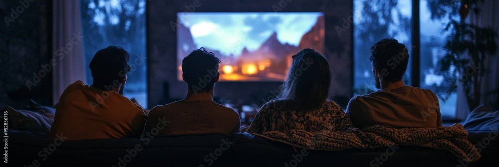 Obraz premium A group of friends gathers in a cozy living room, immersed in the warmth of shared laughter and stories while watching a movie projected onto a large screen