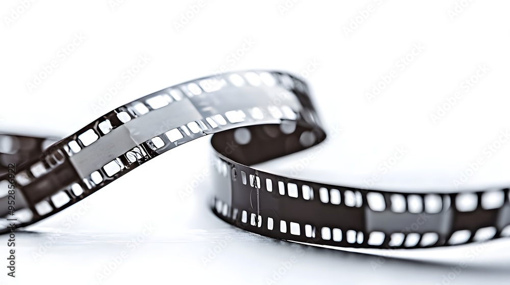 Fototapeta premium A stock photo of a film strip with a reel and film frames visible on a white background. The composition includes a subtle shadow effect to add depth and dimension to the film strip.