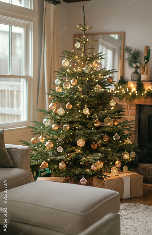 Beautifully decorated Christmas tree in the living room with minimalist decor Beautifully decorated Christmas tree in the living room with minimalist decor