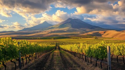 Leinwandbilder Kanarische Inseln Volcanic vineyard at sunset. Grapes harvest in autumn season. Landscape in Lanzarote, Geria, Tuscany, Italy, Spain, Europe. High quality photo  © Ksenia