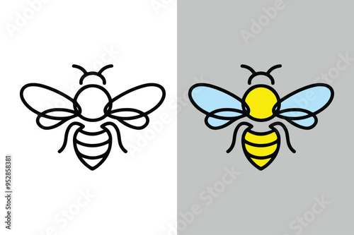 A cute bee vector art illustration typically features an adorable, stylized bee with exaggerated, rounded features. It's presented here both in black and white and colored format.