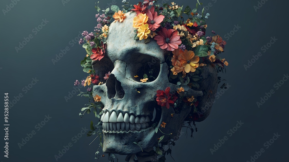 Skull surrounded by vibrant flowers against a dark backdrop Skull surrounded by vibrant flowers against a dark backdrop