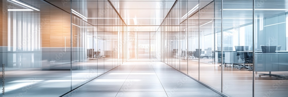 A sleek corridor with glass walls leads to an adjacent workspace, where soft natural light illuminates modern office furniture and equipment A sleek corridor with glass walls leads to an adjacent workspace, where soft natural light illuminates modern office furniture and equipment