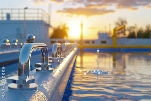 a modern water treatment plant at sunset, with gleaming tanks and pipes, showcasing clean technology